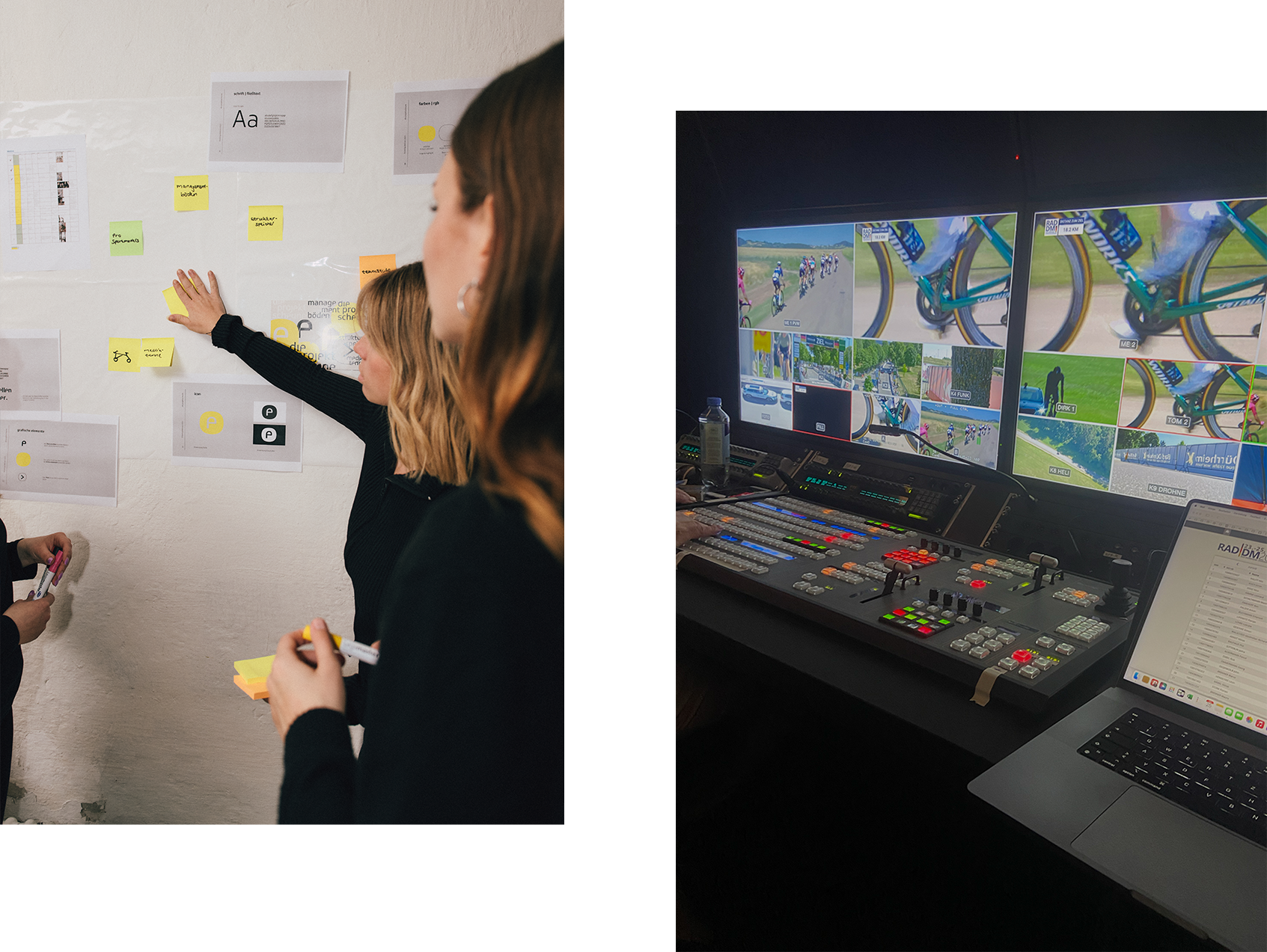 Konzeption und Team Fotocollage. Das projektscheune-Teams bespricht sich am Whiteboard. Daneben Bildschirme von einer Sportevent-Produktion.