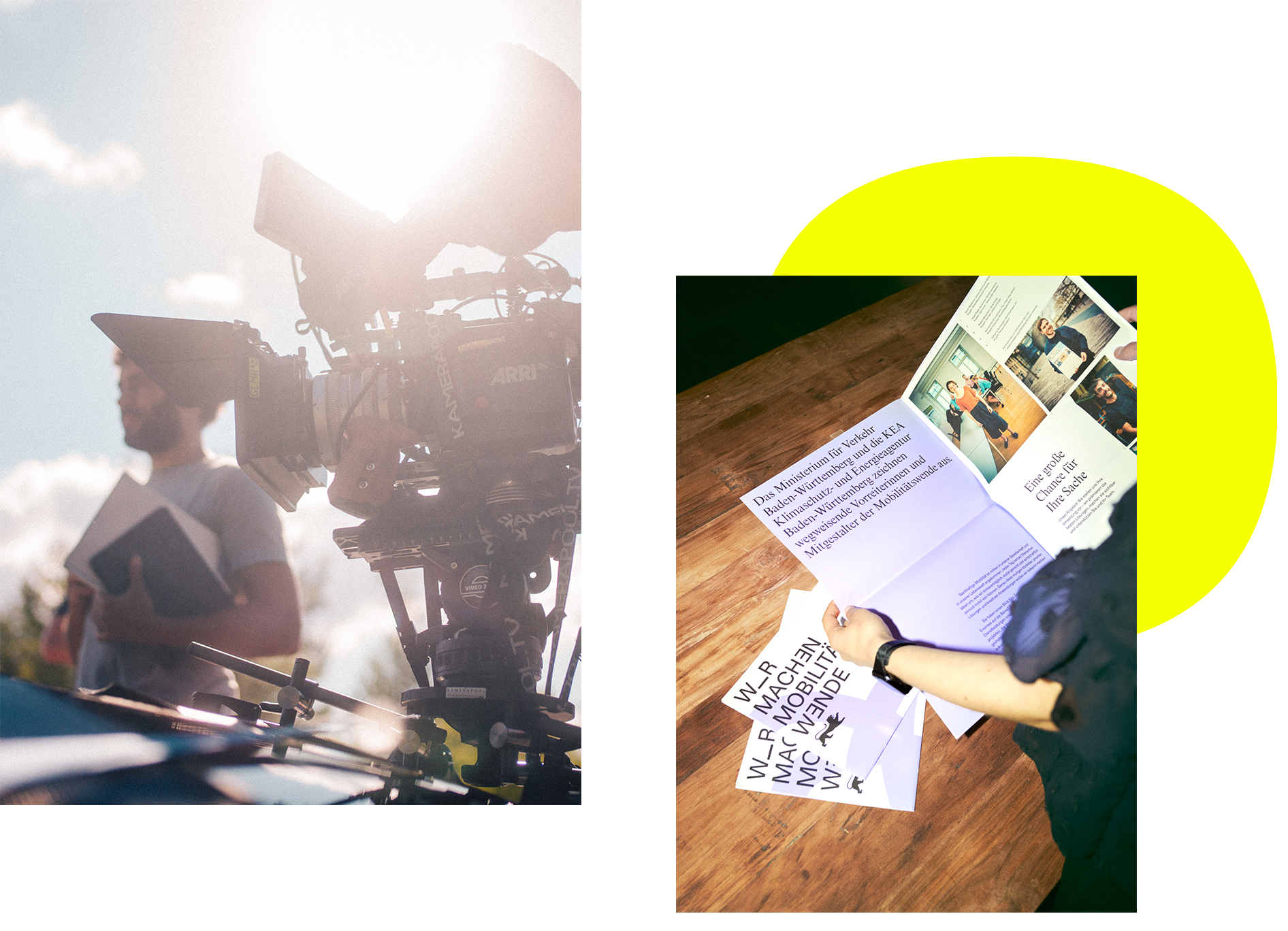 die-projektscheune-individuelle-projekte Fotocollage. Einblick in die Projektbetreuung. Kamera-Setting und Betrachten eines Kampagnenprodukts.